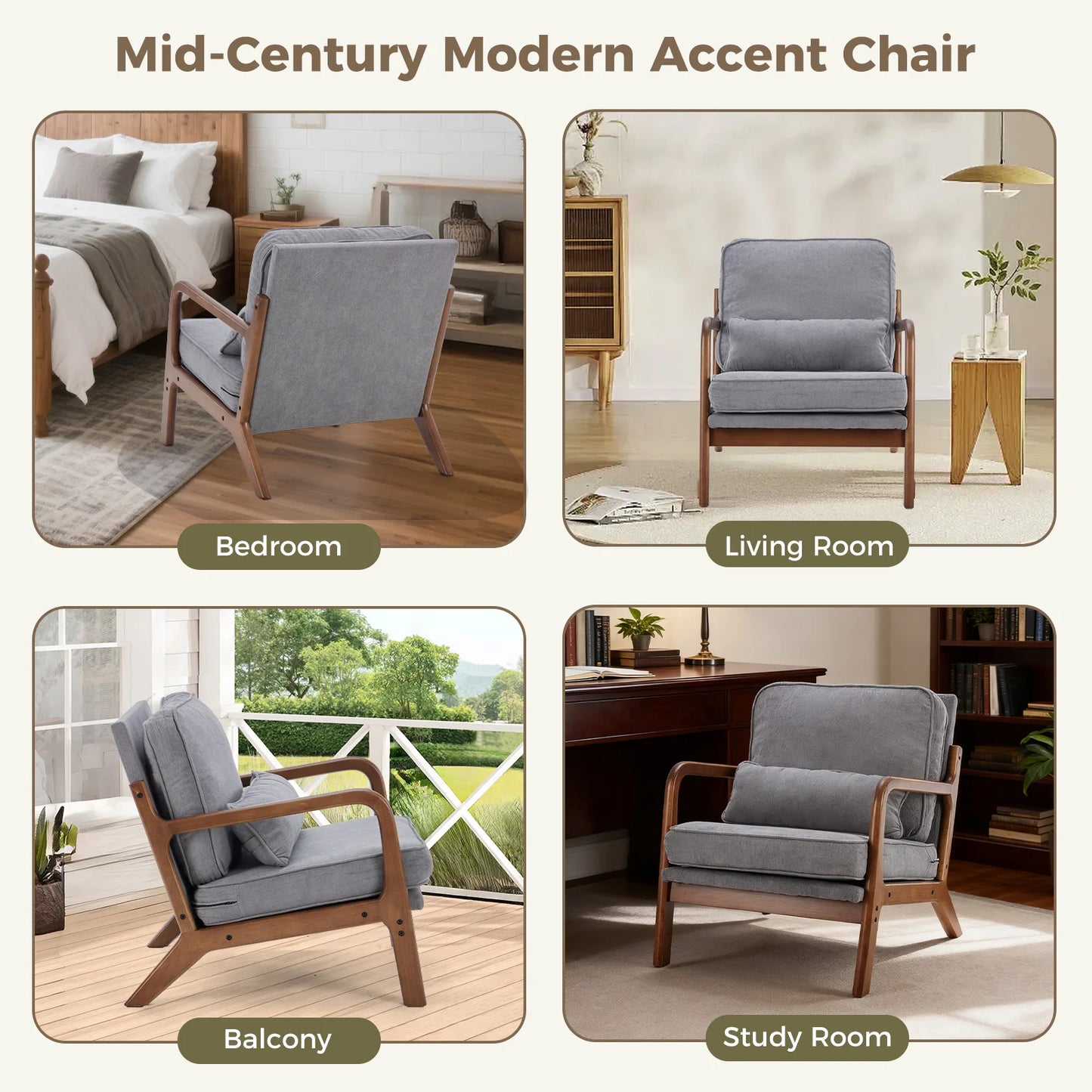 Mid-Century Modern Accent Chair | Fabric Armchair with Waist Cushion