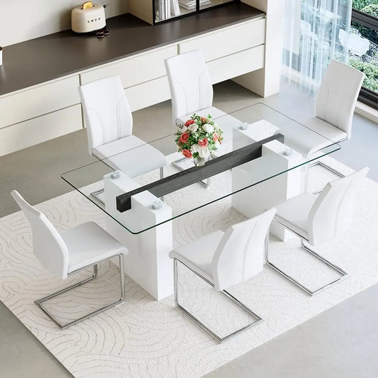7-Piece Glass Dining Table Set for 6 | 71" Glass Top Table & 6 PU Leather Chairs