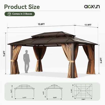 12x16 Hardtop Gazebo with Curtains & Mosquito Netting | Aluminum Frame, Polycarbonate Double Roof