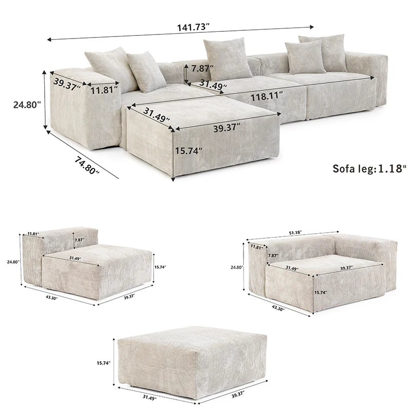 141" L-Shaped Corduroy Sectional Sofa with Ottoman | Oversized 3-Seater with Removable Covers