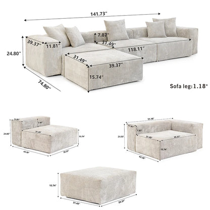 141" L-Shaped Corduroy Sectional Sofa with Ottoman | Oversized 3-Seater with Removable Covers