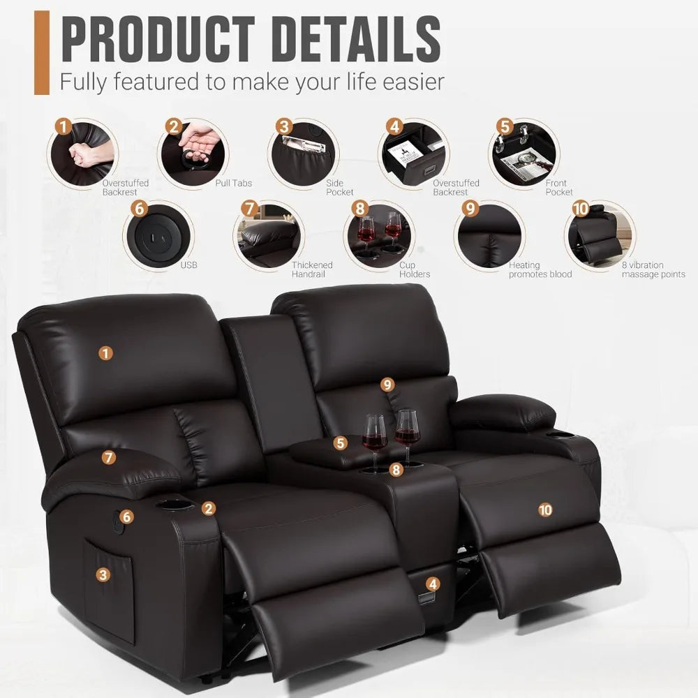Recliner Loveseat with Massage & Heat – USB Charging, Cup Holders, Faux Leather | Home Theater & RV