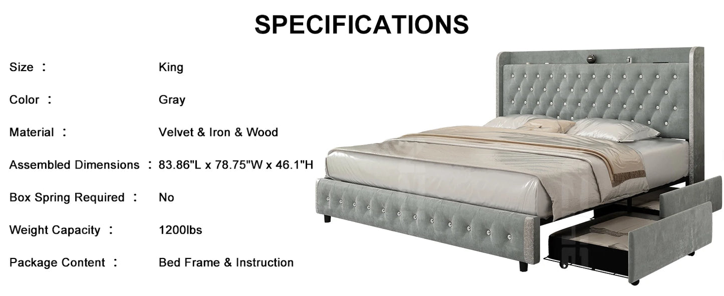Velvet Wingback LED Bed Frame with Galaxy Projector, Bluetooth Speaker & 4 Storage Drawers – Full XL Queen King