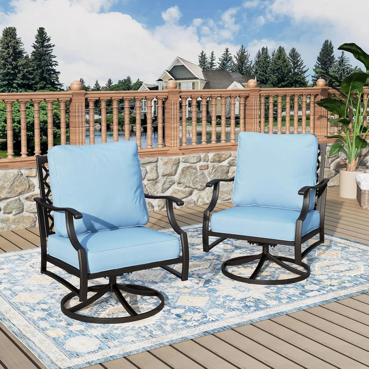 Outdoor Swivel Patio Chairs Set of 2 | High Back, Thick Cushions, Metal Frame