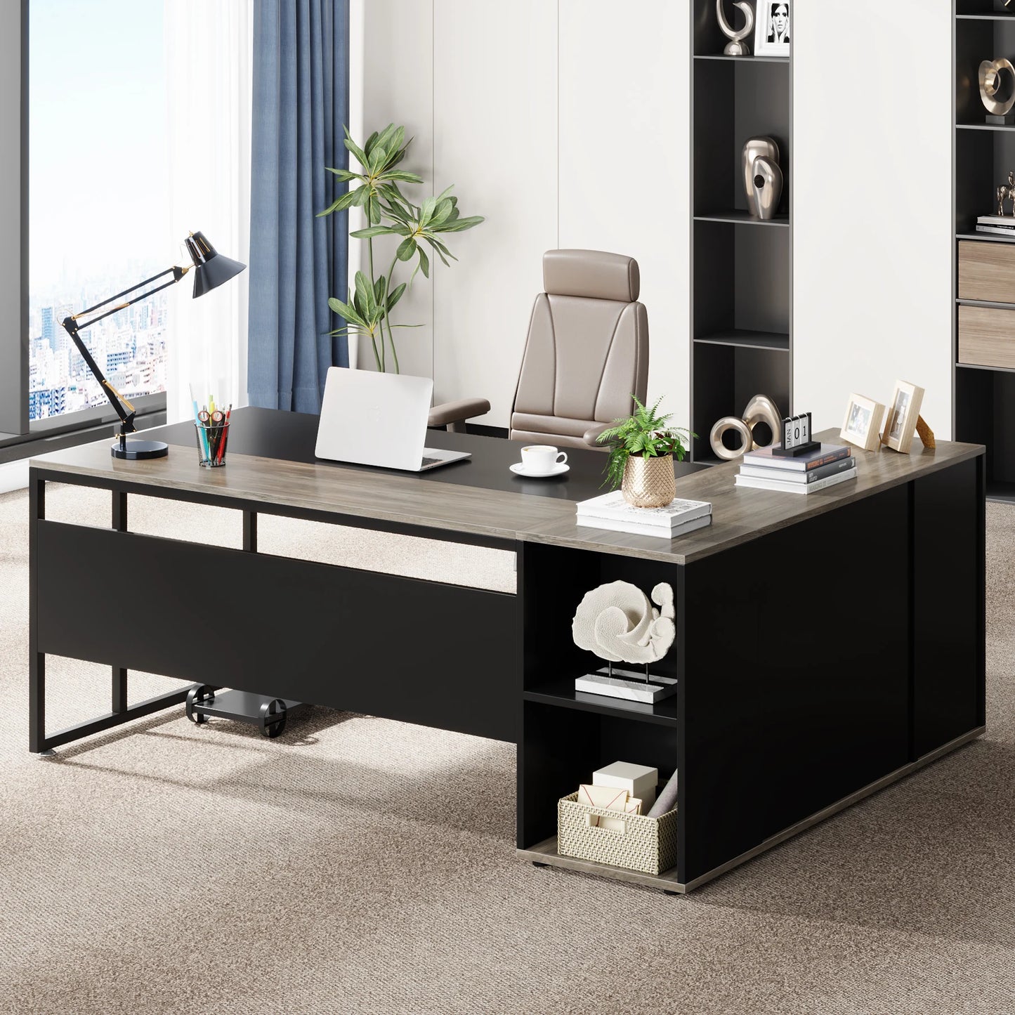 Tribesigns 71" L-Shaped Executive Desk with Storage Cabinet & Shelves