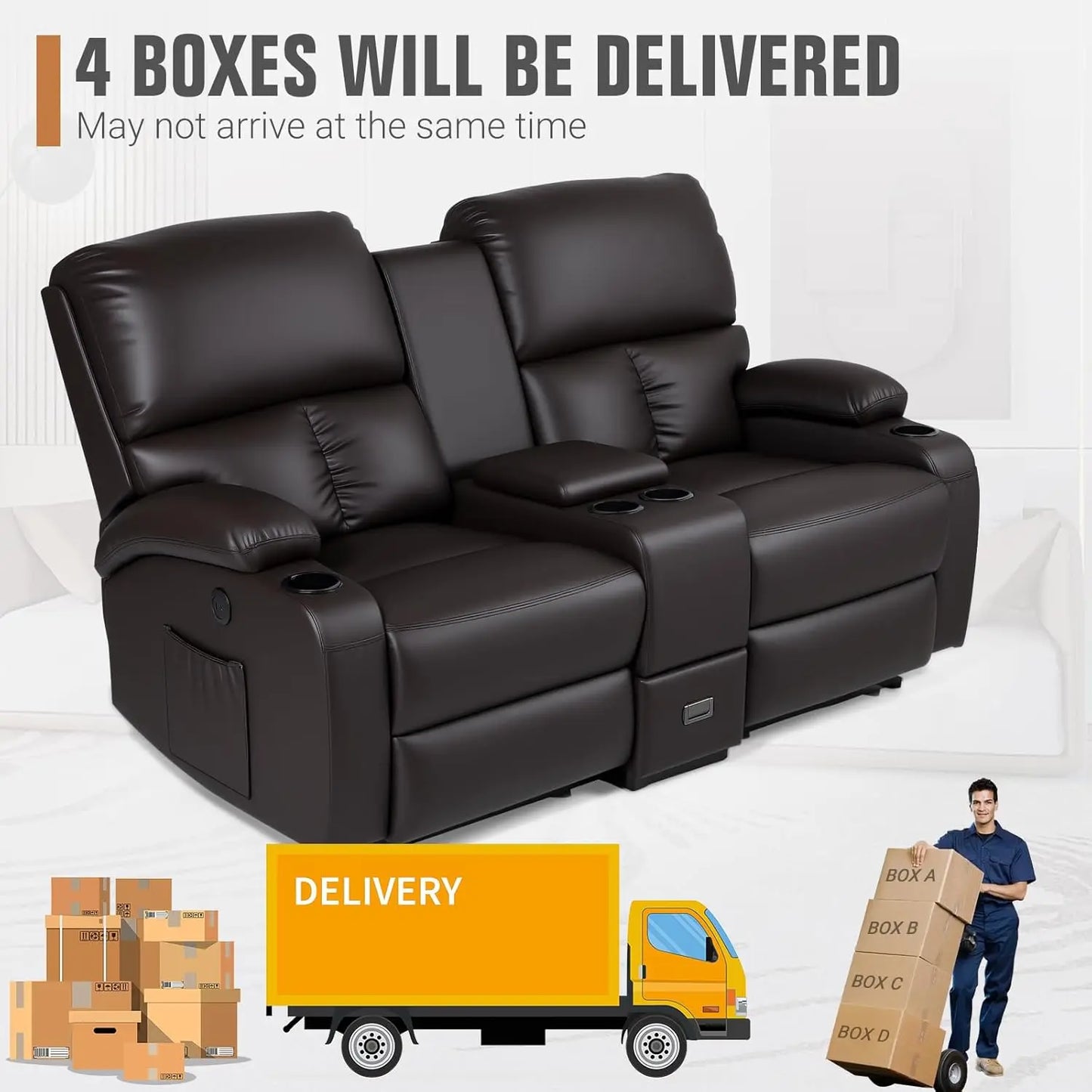 Recliner Loveseat with Massage & Heat – USB Charging, Cup Holders, Faux Leather | Home Theater & RV