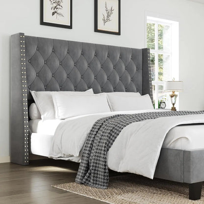 Queen Upholstered Wingback Platform Bed Frame – Tufted Velvet Headboard, Nailhead Trim, No Box Spring Needed