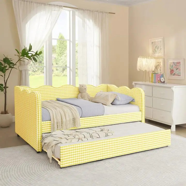 Twin Upholstered Gingham Daybed with Trundle & USB Charging – Linen, Wavy Edge, 7 Colors