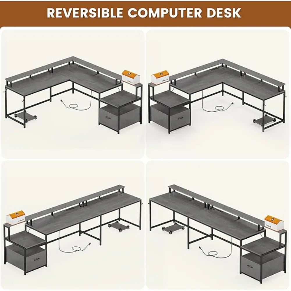 L-Shaped Gaming & Home Office Desk 66" | File Drawer, Power Outlet & RGB Lights