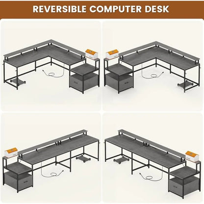 L-Shaped Gaming & Home Office Desk 66" | File Drawer, Power Outlet & RGB Lights