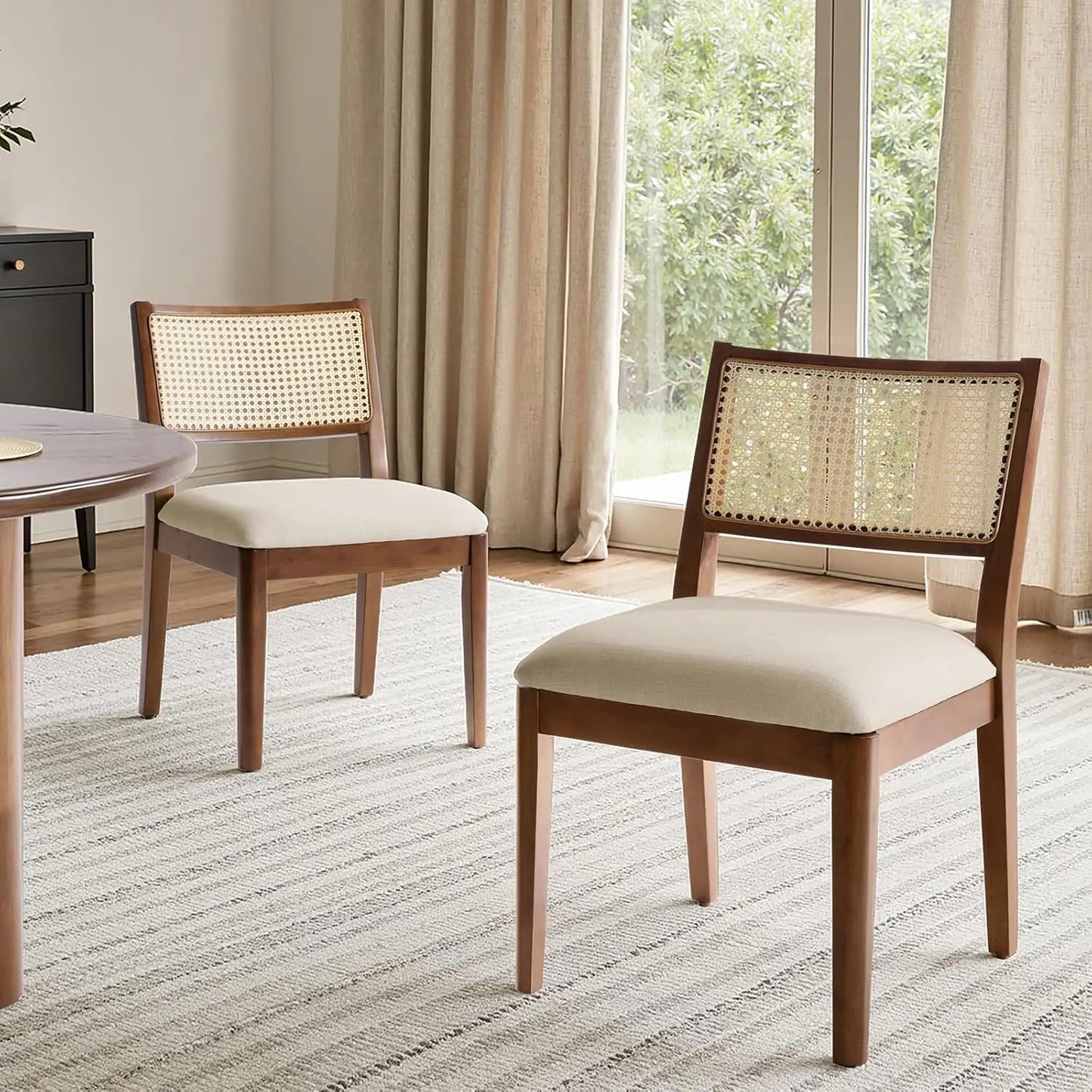 Rattan Dining Chairs Set of 4 | Coastal Woven Back, Upholstered Seat & Solid Rubberwood Frame