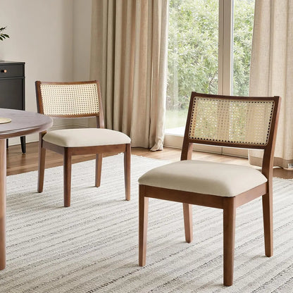 Rattan Dining Chairs Set of 4 | Coastal Woven Back, Upholstered Seat & Solid Rubberwood Frame