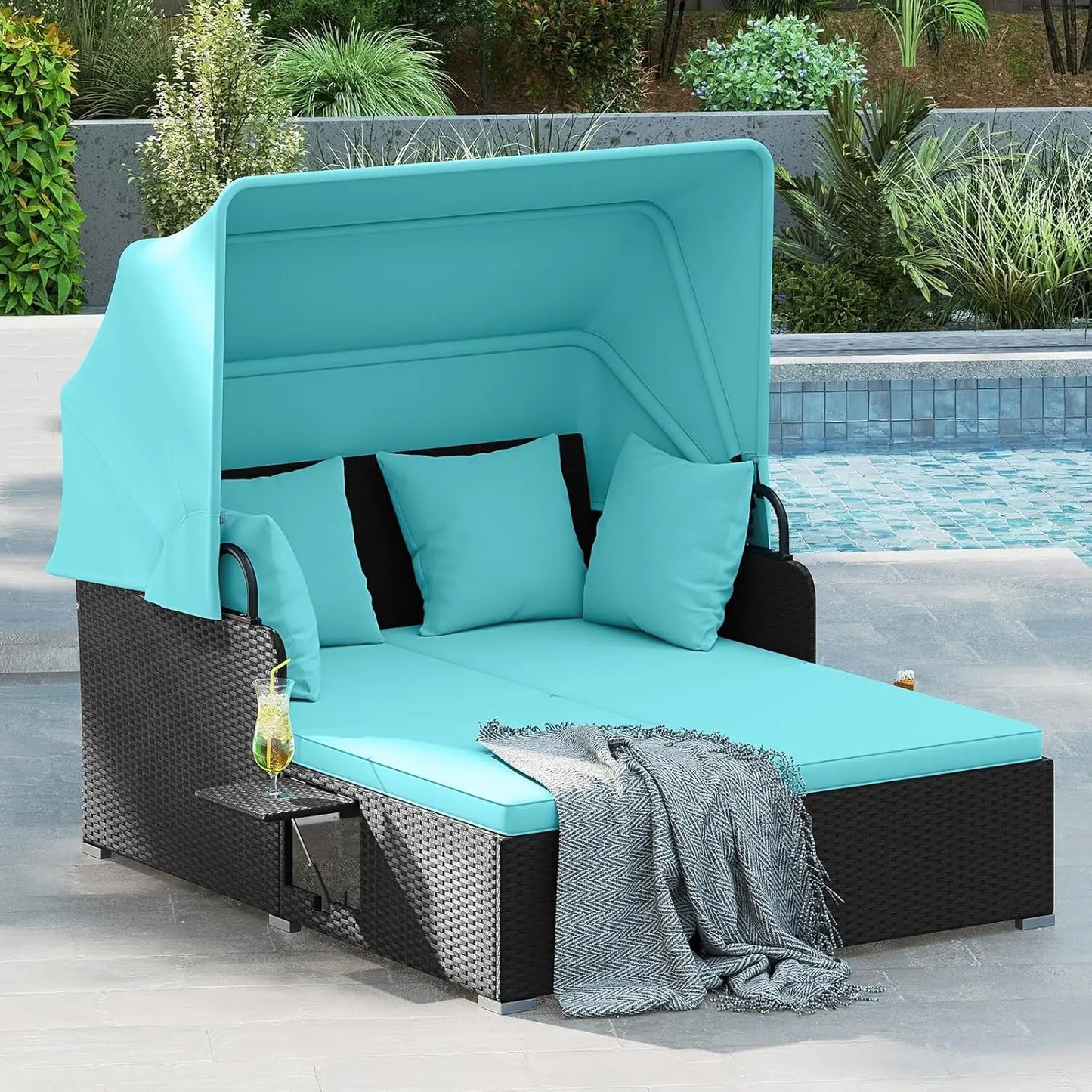 Outdoor Rattan Daybed with Retractable Canopy – 2-Person Patio Sunbed with Cushions & Pillows