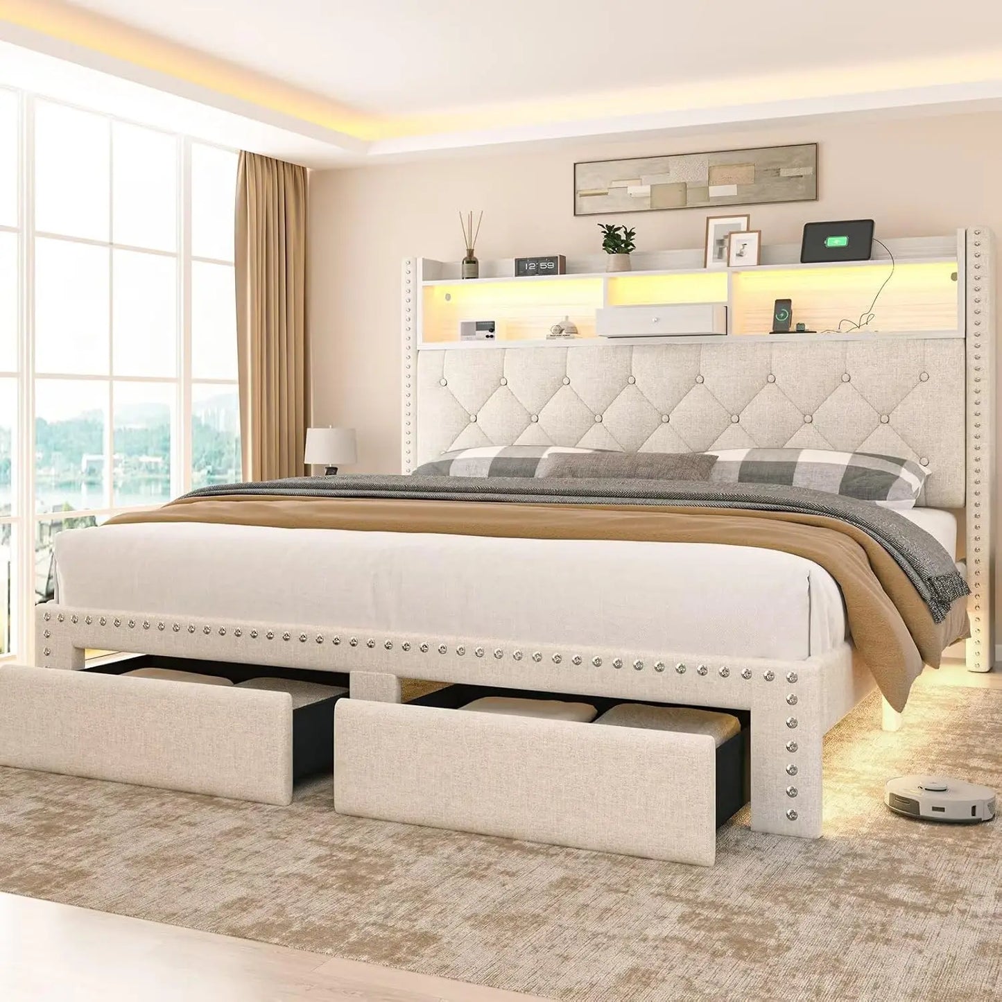 Linen Upholstered Platform Bed Frame with LED Lights, Charging Station & Storage Drawers – Full/Queen