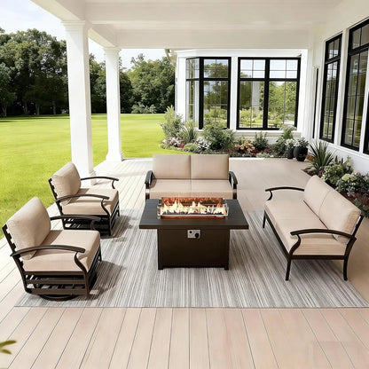 7-Piece Aluminum Patio Set with 50,000 BTU Fire Pit Table & Swivel Rocking Chairs