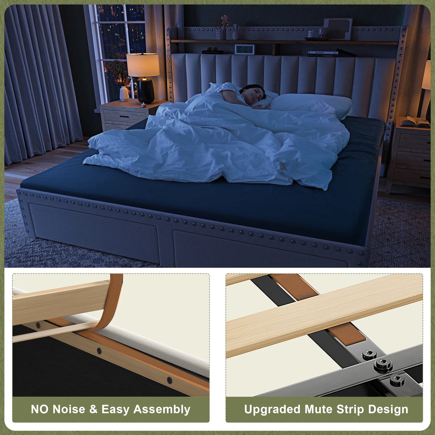 Upholstered Platform Bed Frame with 2-Tier Storage Headboard & 2 Drawers – No Box Spring Needed