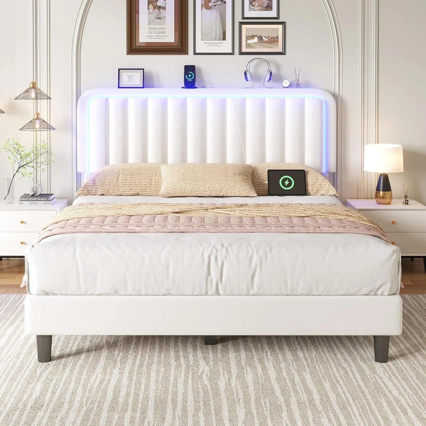 Queen Bed Frame with RGB LED Headboard & USB Charging Station – Velvet Upholstered, Adjustable, 1000 lb Capacity