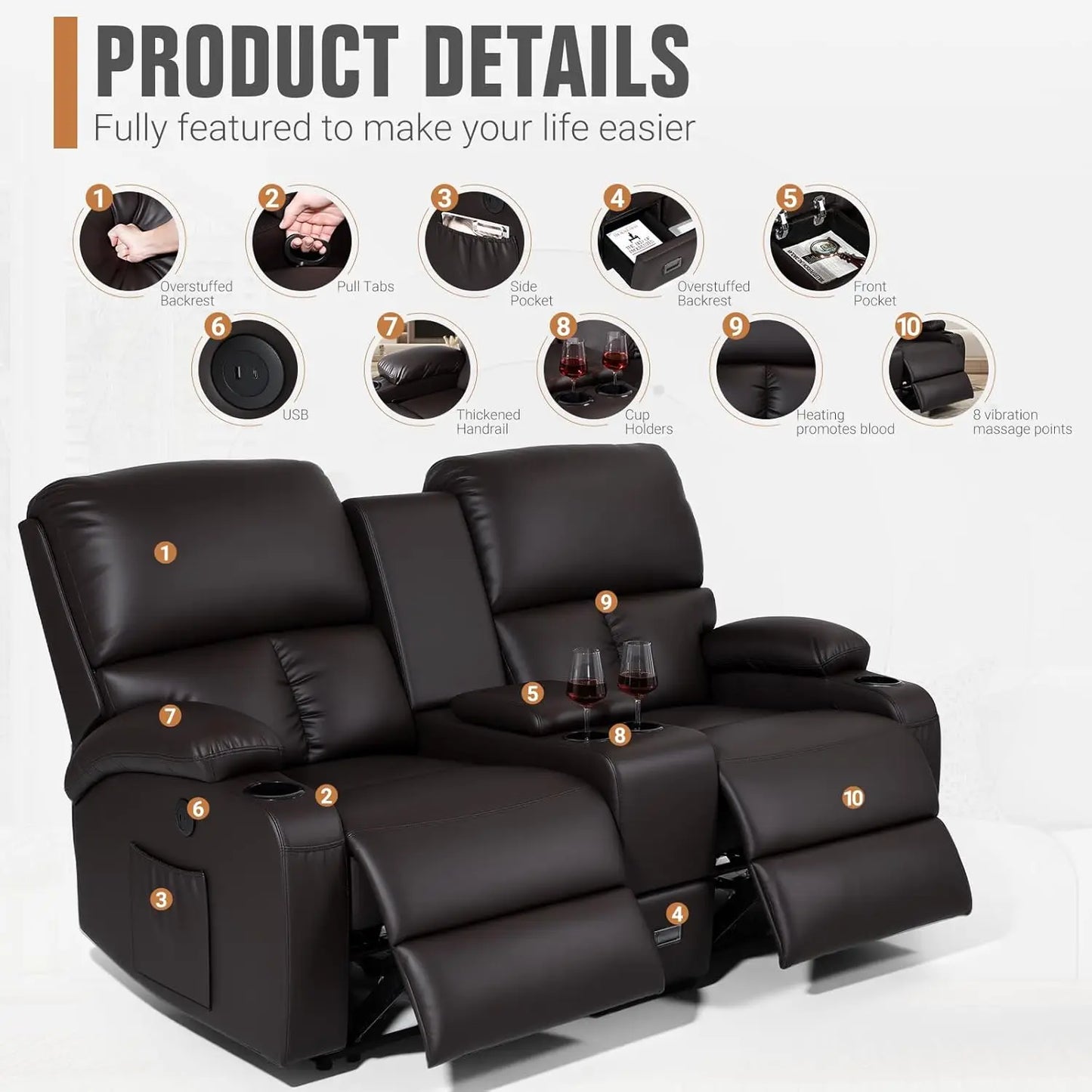 Recliner Loveseat with Massage & Heat – USB Charging, Cup Holders, Faux Leather | Home Theater & RV