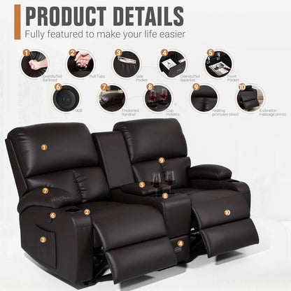 Recliner Loveseat with Massage & Heat – USB Charging, Cup Holders, Faux Leather | Home Theater & RV