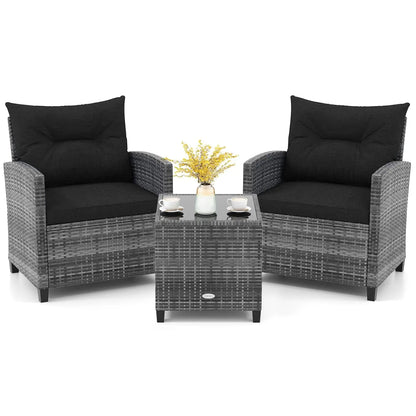 3-Piece Outdoor PE Rattan Bistro Conversation Set – 2 Wicker Chairs with Washable Cushions & Tempered Glass Coffee Table