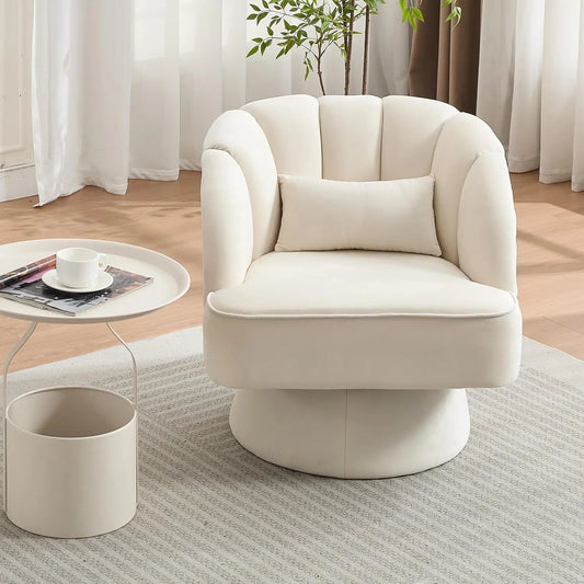 360° Swivel Barrel Accent Chair – Beige Velvet | Striped Mid-Century Armchair with Plush Padding
