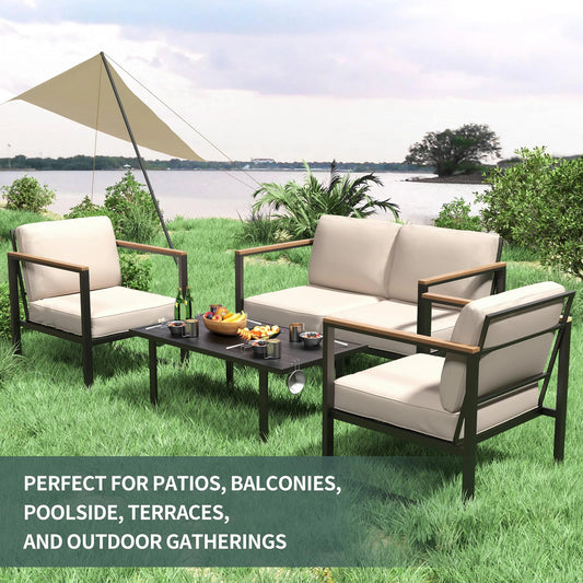 4-Piece Metal Patio Conversation Set – Sofa, 2 Chairs & Coffee Table with Washable Cushions