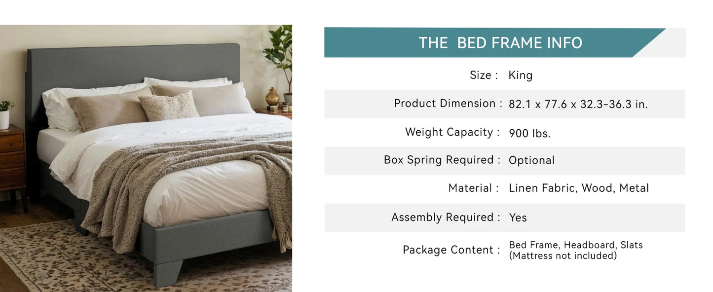 Upholstered Bed Frame with Adjustable Headboard – Soft Linen Fabric, Noise-Free, No Box Spring | Full Queen King