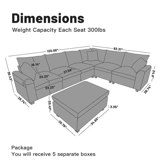 7-Seater Modular L-Shaped Sectional Sofa | Cloud Couch with Storage & USB Charging