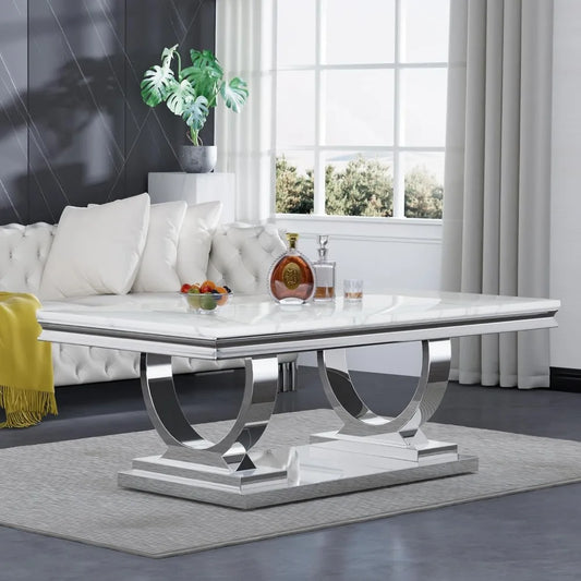 Rectangular Marble Coffee Table | U-Shape Mirrored Stainless Steel Base | Silver & White | Modern