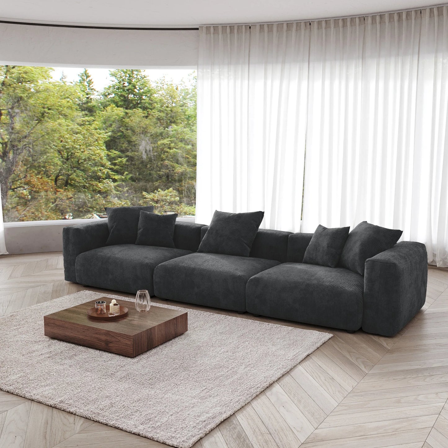 141" L-Shaped Corduroy Sectional Sofa with Ottoman | Oversized 3-Seater with Removable Covers