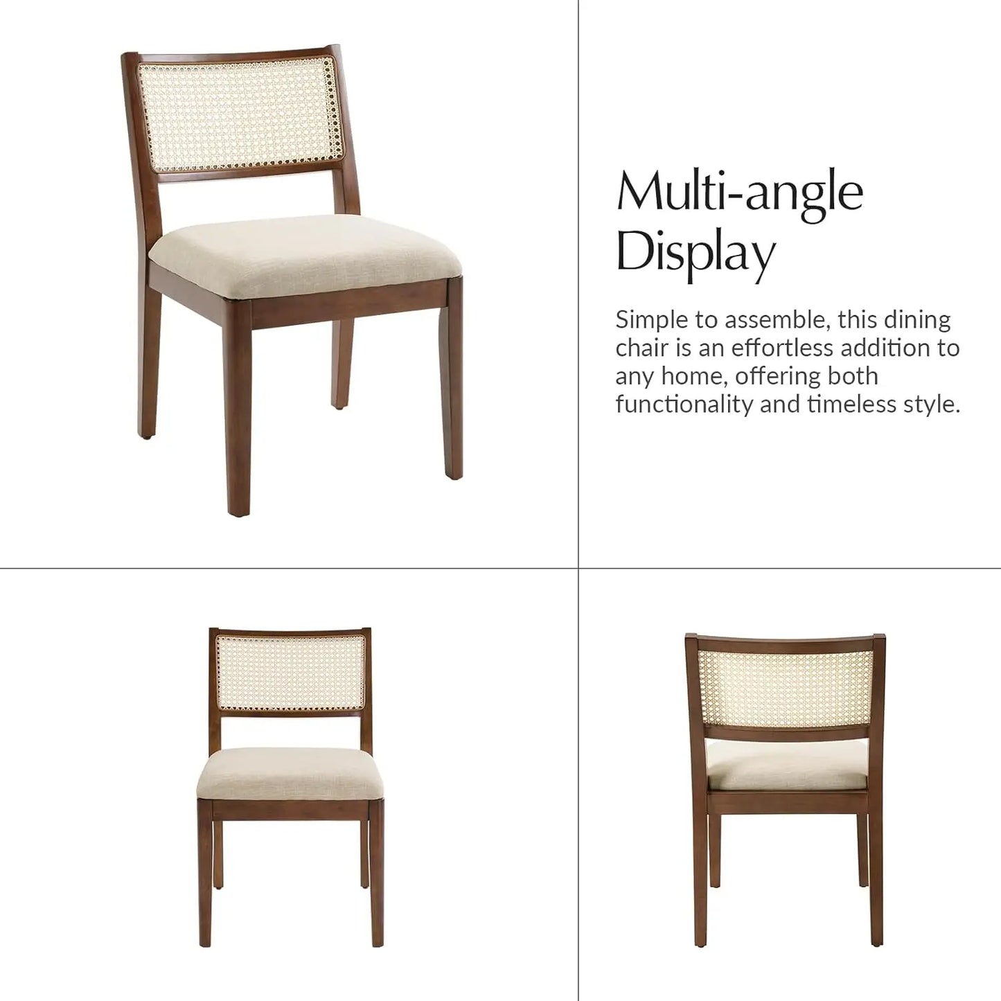 Rattan Dining Chairs Set of 4 | Coastal Woven Back, Upholstered Seat & Solid Rubberwood Frame