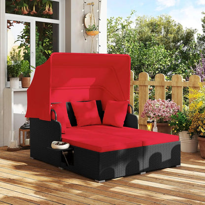 Outdoor Rattan Daybed with Retractable Canopy – 2-Person Patio Sunbed with Cushions & Pillows