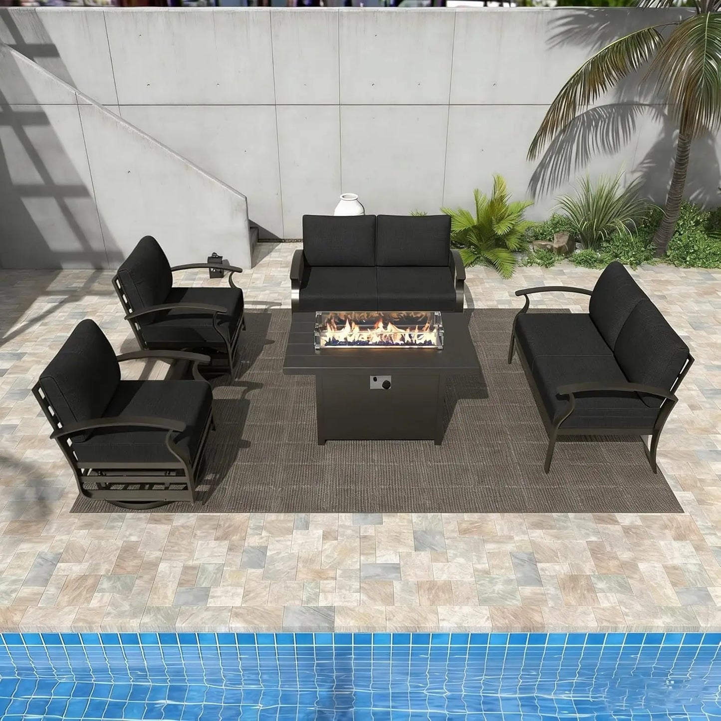 7-Piece Aluminum Patio Set with 50,000 BTU Fire Pit Table & Swivel Rocking Chairs