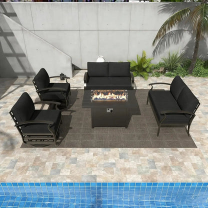 7-Piece Aluminum Patio Set with 50,000 BTU Fire Pit Table & Swivel Rocking Chairs
