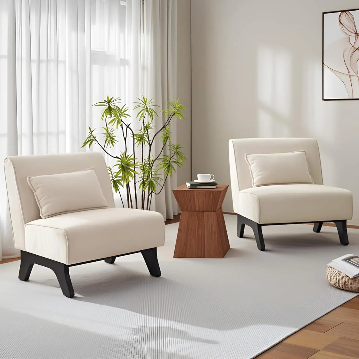 Set of 2 Upholstered Armless Accent Chairs with Wooden Legs & Pillow
