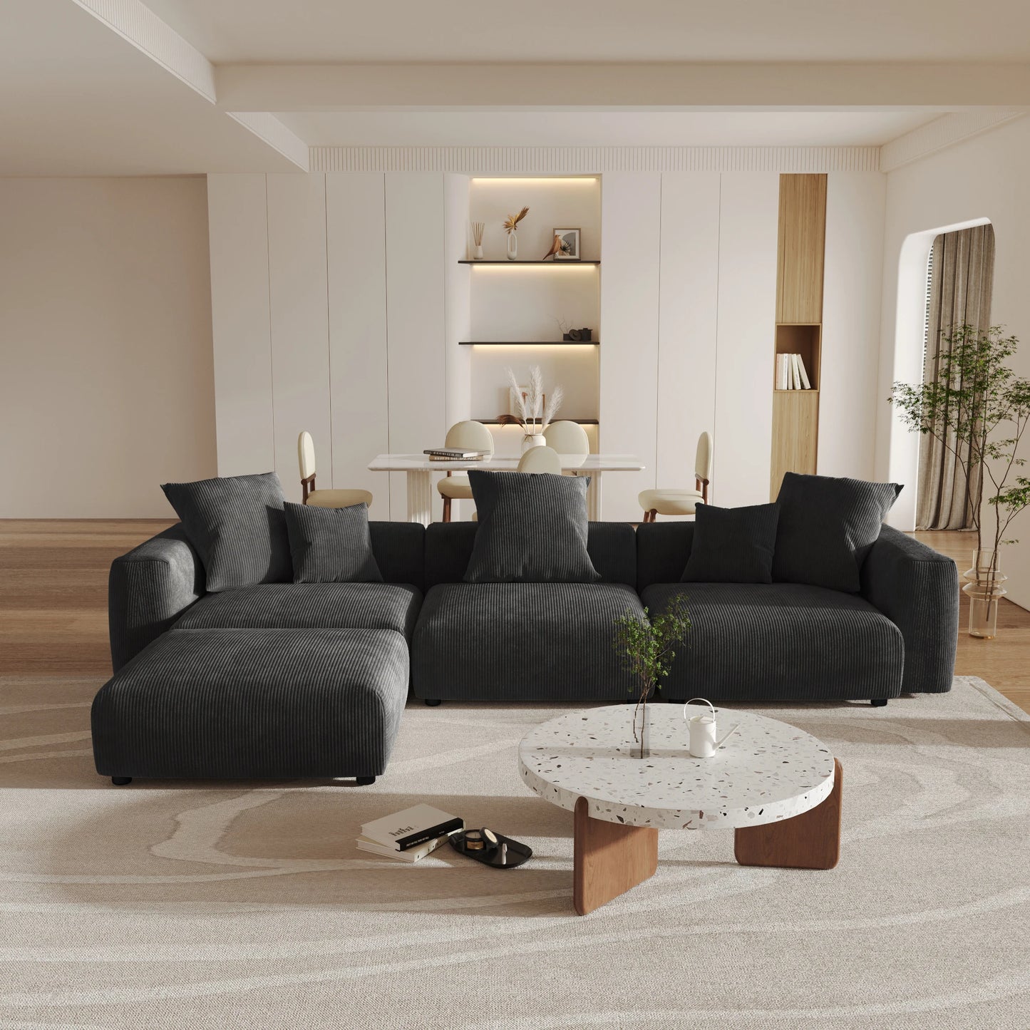 141" L-Shaped Corduroy Sectional Sofa with Ottoman | Oversized 3-Seater with Removable Covers