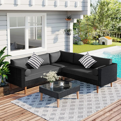 6-Piece Modern Outdoor Sectional Sofa Set with Round Nesting Coffee Tables – All-Weather Rattan & Acacia Wood