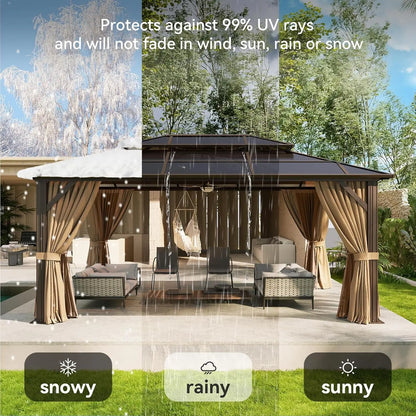 12x16 Hardtop Gazebo with Curtains & Mosquito Netting | Aluminum Frame, Polycarbonate Double Roof
