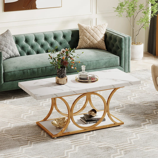 47" Faux Marble Coffee Table with Gold Geometric Legs – 2-Tier Modern Living Room Center Table