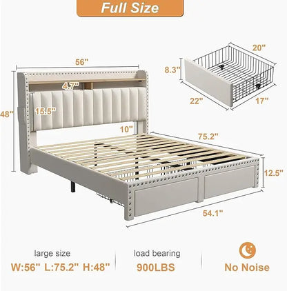 Upholstered Platform Bed Frame with 2-Tier Storage Headboard & 2 Drawers – No Box Spring Needed