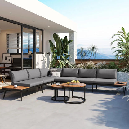 6-Piece Modern Outdoor Sectional Sofa Set with Round Nesting Coffee Tables – All-Weather Rattan & Acacia Wood