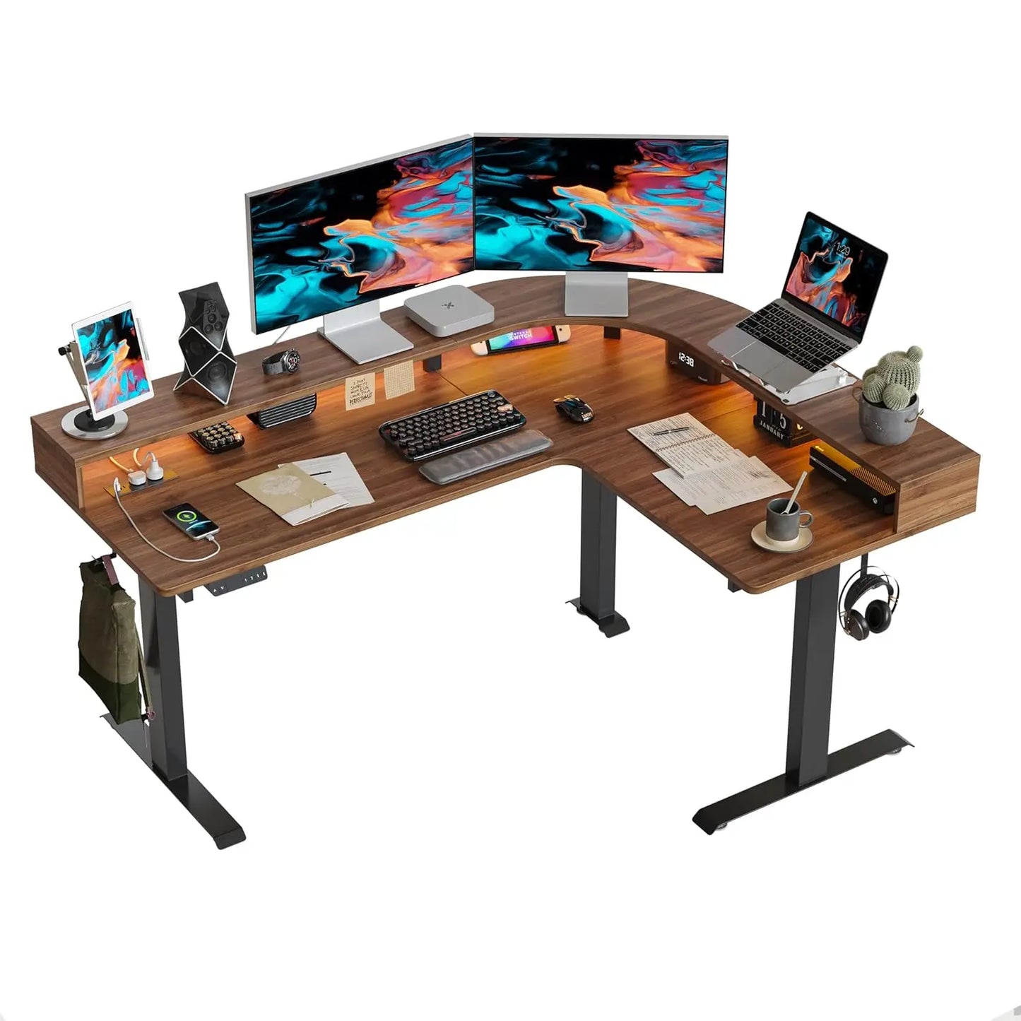 L-Shaped Electric Standing Desk 63" | LED Lighting, Power Outlet & Monitor Stand