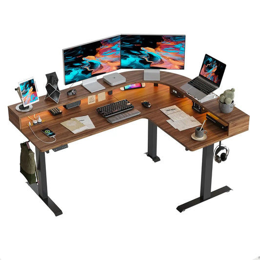 L-Shaped Electric Standing Desk 63" | LED Lighting, Power Outlet & Monitor Stand