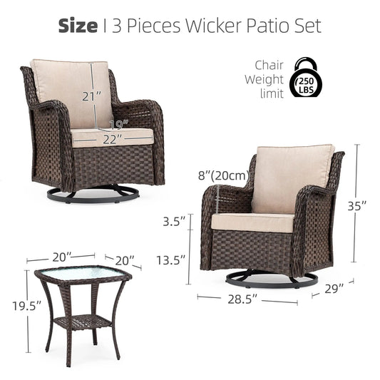 3-Piece Wicker Swivel Rocker Patio Set – 360° Swivel Rocking Chairs with Tempered Glass Side Table for Garden, Patio & Porch