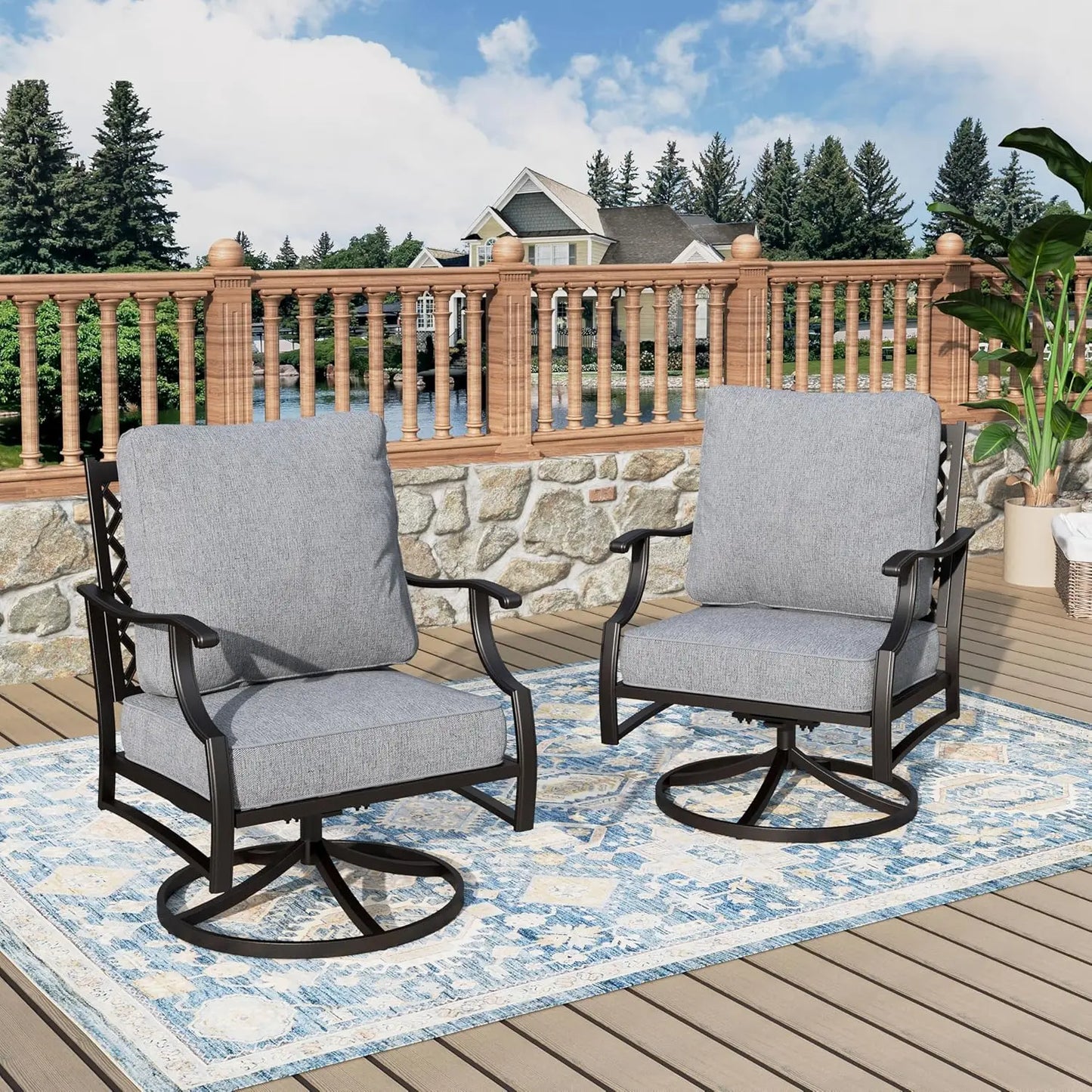 Outdoor Swivel Patio Chairs Set of 2 | High Back, Thick Cushions, Metal Frame