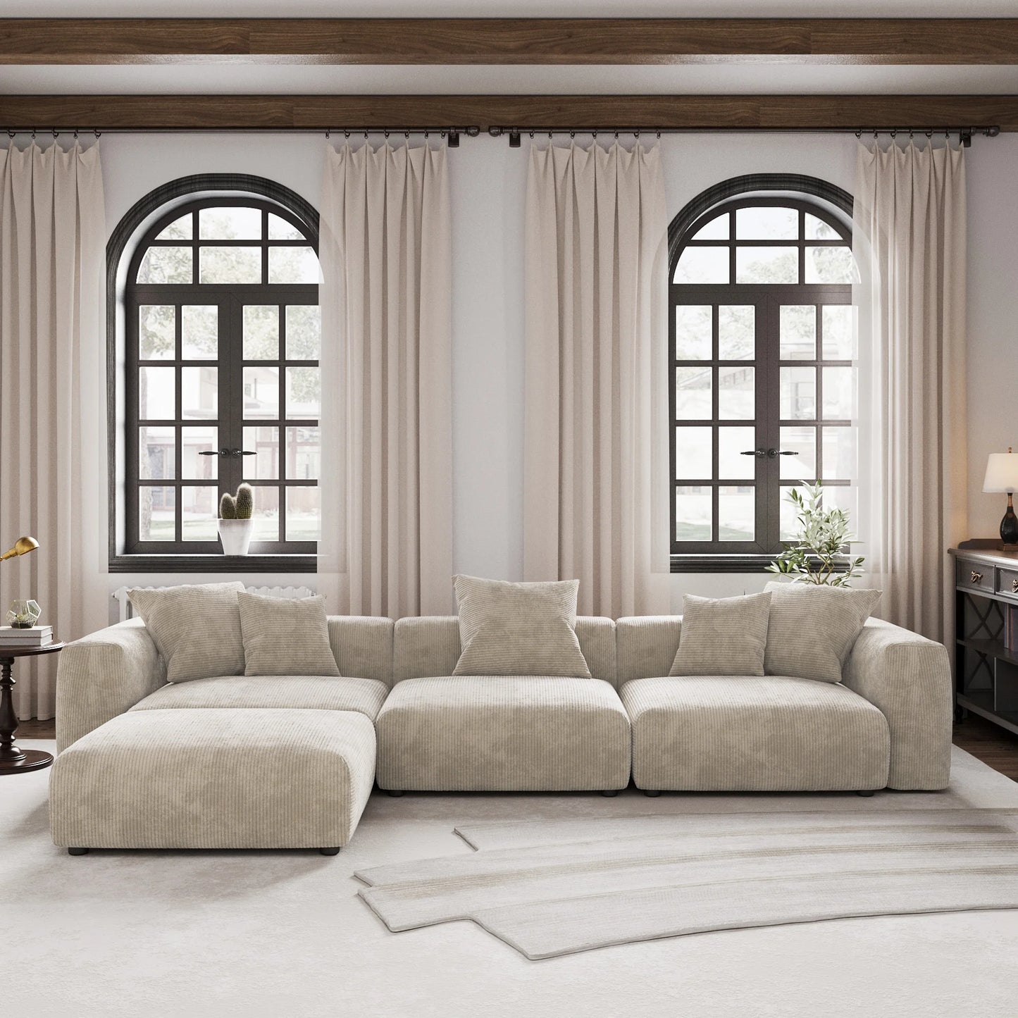 141" L-Shaped Corduroy Sectional Sofa with Ottoman | Oversized 3-Seater with Removable Covers