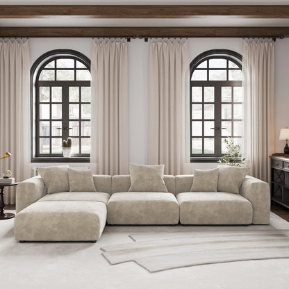 141" L-Shaped Corduroy Sectional Sofa with Ottoman | Oversized 3-Seater with Removable Covers