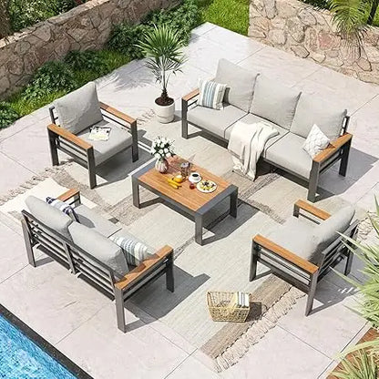 7-Seat Aluminum Patio Sectional Set – Oversized Outdoor Sofa with Thick Cushions & Coffee Table