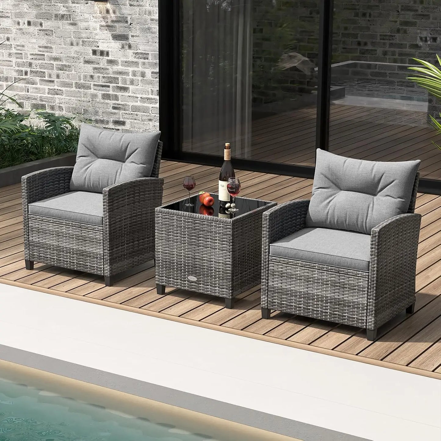 3-Piece Outdoor PE Rattan Bistro Conversation Set – 2 Wicker Chairs with Washable Cushions & Tempered Glass Coffee Table