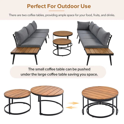 6-Piece Modern Outdoor Sectional Sofa Set with Round Nesting Coffee Tables – All-Weather Rattan & Acacia Wood